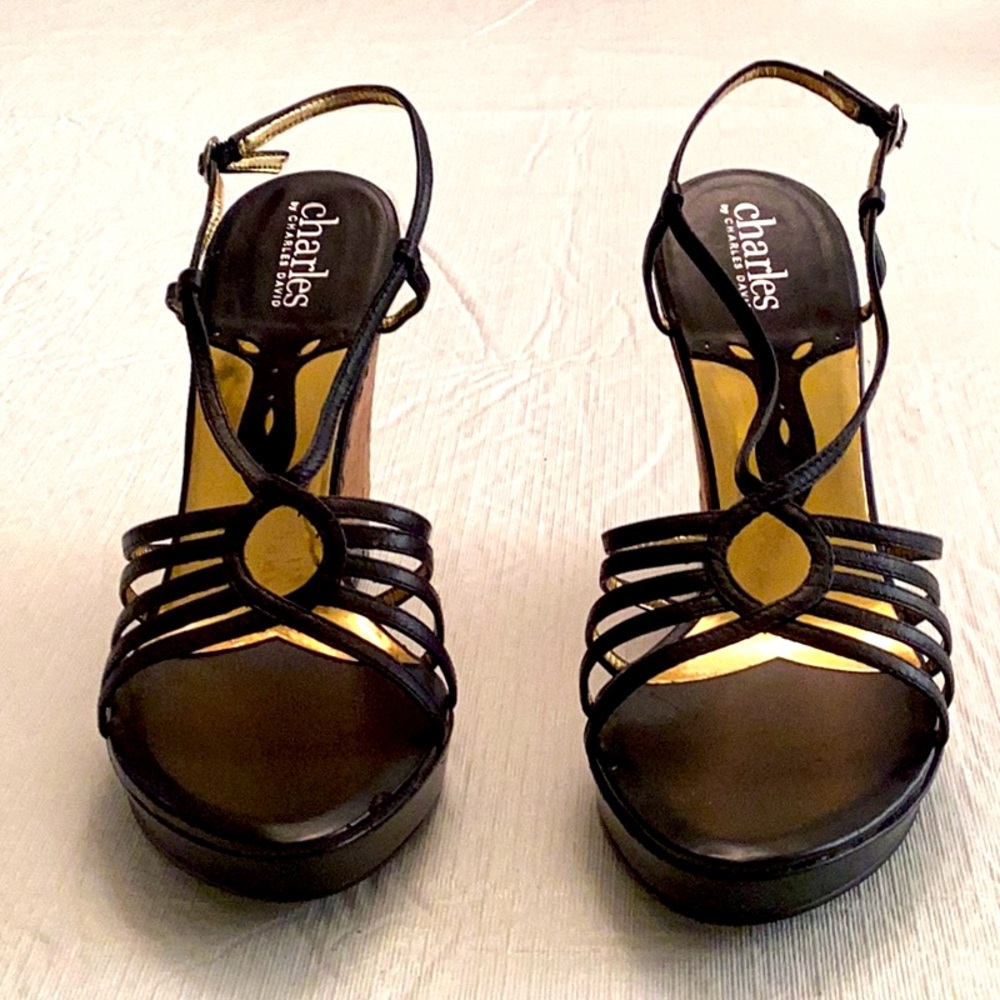 CHARLES by Charles David Cork and Black Leather Wedge Sandal. Size 8 M